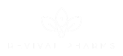 Revival Pharms' logo with white leaves and words "Revival Pharms" on a transparent background.